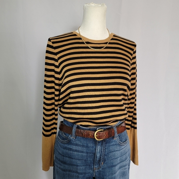 Eileen Fisher Tops - Eileen Fisher Silk Mix Brown and Black Striped Crewneck Knit Shirt Size XSmall